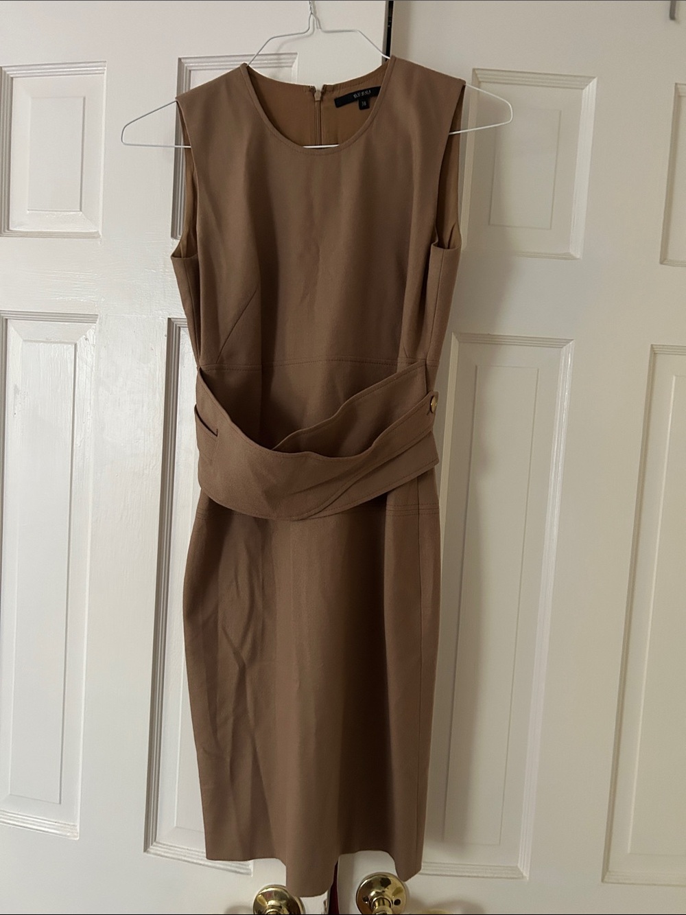 Gucci Faux-Wrap Sleeveless Midi Dress in Taupe. Size 38 or US 6